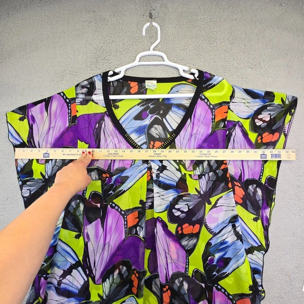 One World Beach Cover Up Women's XL Purple Butterfly Kimono Sheer V-Neck Overlay